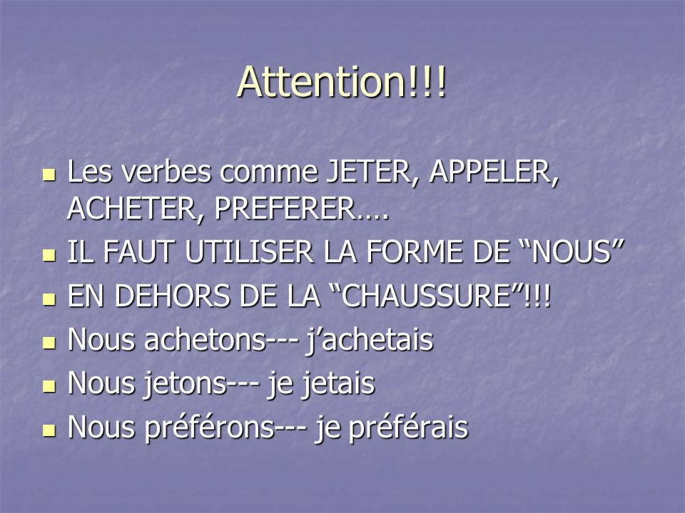 Attention!!. Les verbes comme JETER, APPELER, ACHETER, PREFERER….