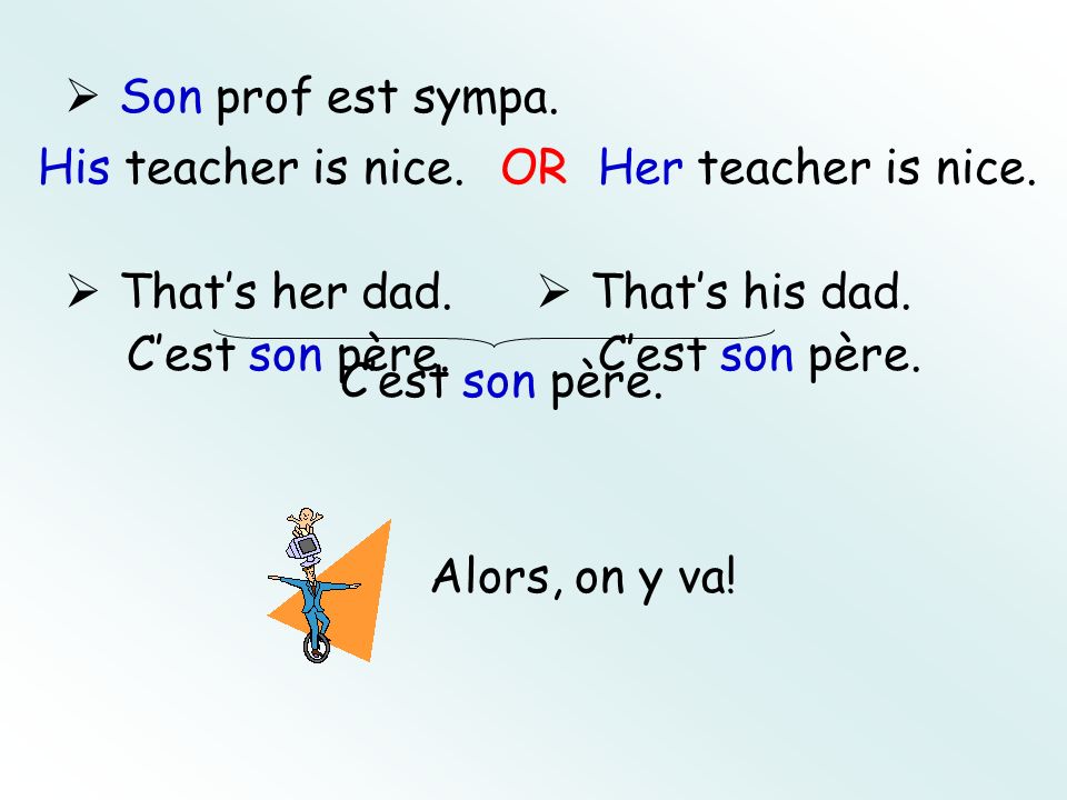 Son prof est sympa. His teacher is nice. OR Her teacher is nice.