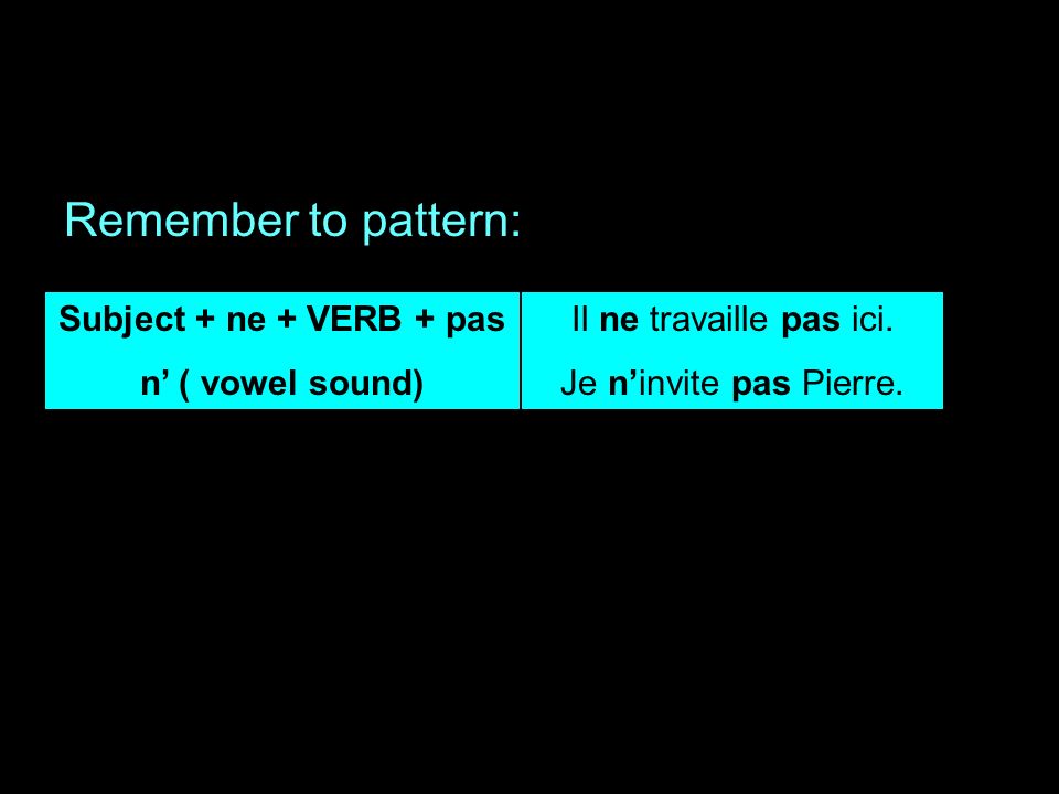 Remember to pattern: Subject + ne + VERB + pas n ( vowel sound) Il ne travaille pas ici.