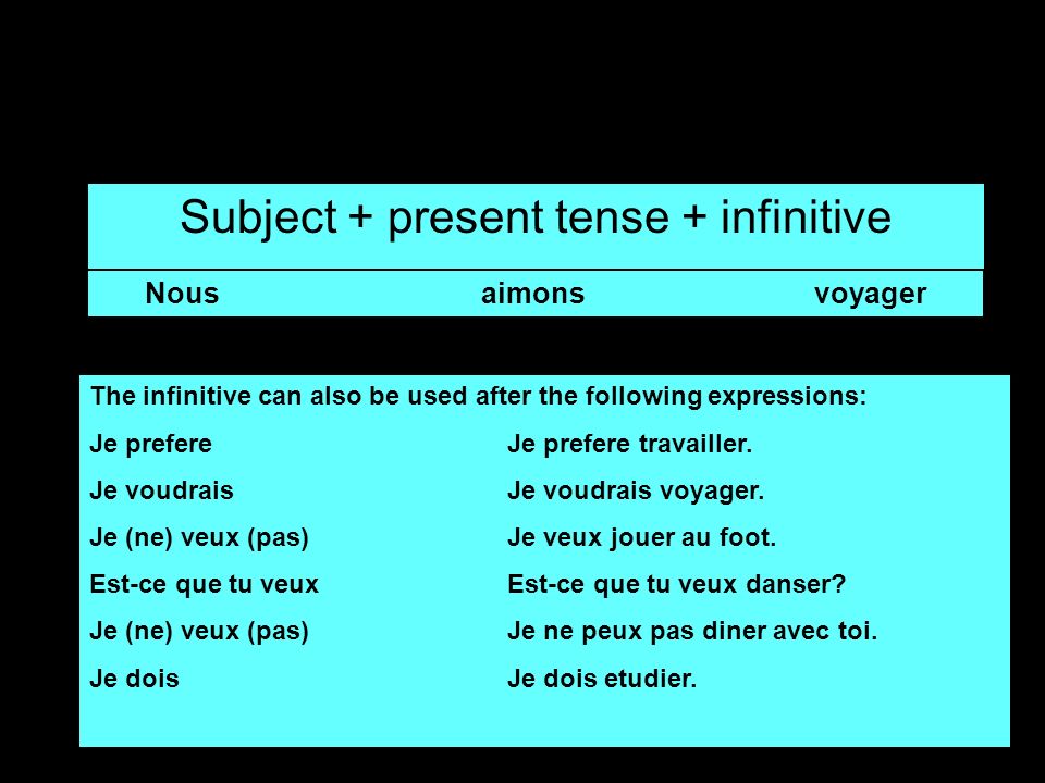 Subject + present tense + infinitive Nous aimons voyager The infinitive can also be used after the following expressions: Je prefereJe prefere travailler.
