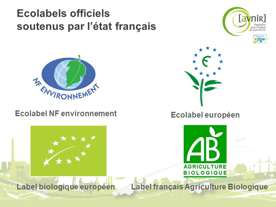 Ecolabels officiels soutenus par létat français Ecolabel européen Ecolabel NF environnement Label français Agriculture Biologique Label biologique européen