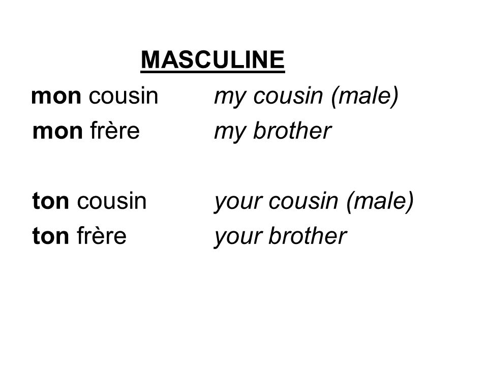 MASCULINE mon cousinmy cousin (male) mon frèremy brother ton cousinyour cousin (male) ton frèreyour brother