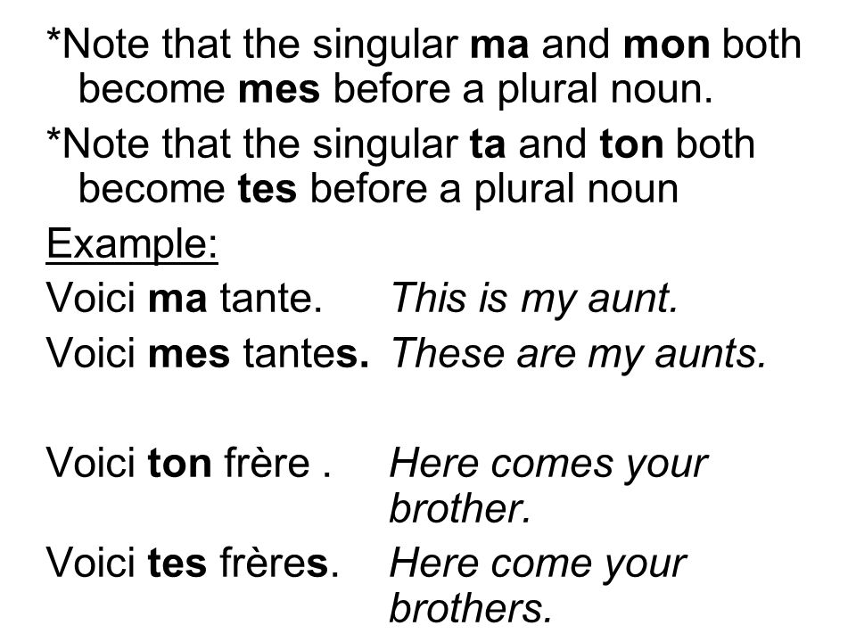 *Note that the singular ma and mon both become mes before a plural noun.