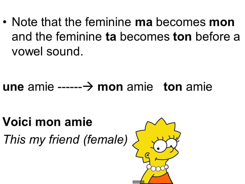 Note that the feminine ma becomes mon and the feminine ta becomes ton before a vowel sound.