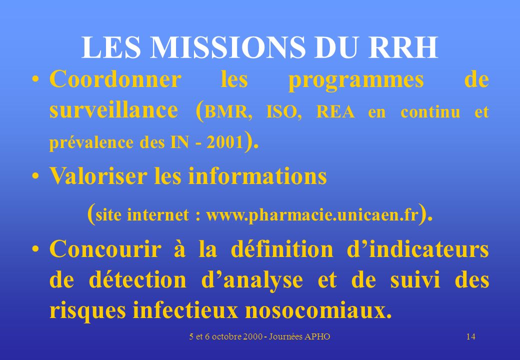 5 et 6 octobre Journées APHO14 LES MISSIONS DU RRH Coordonner les programmes de surveillance ( BMR, ISO, REA en continu et prévalence des IN ).