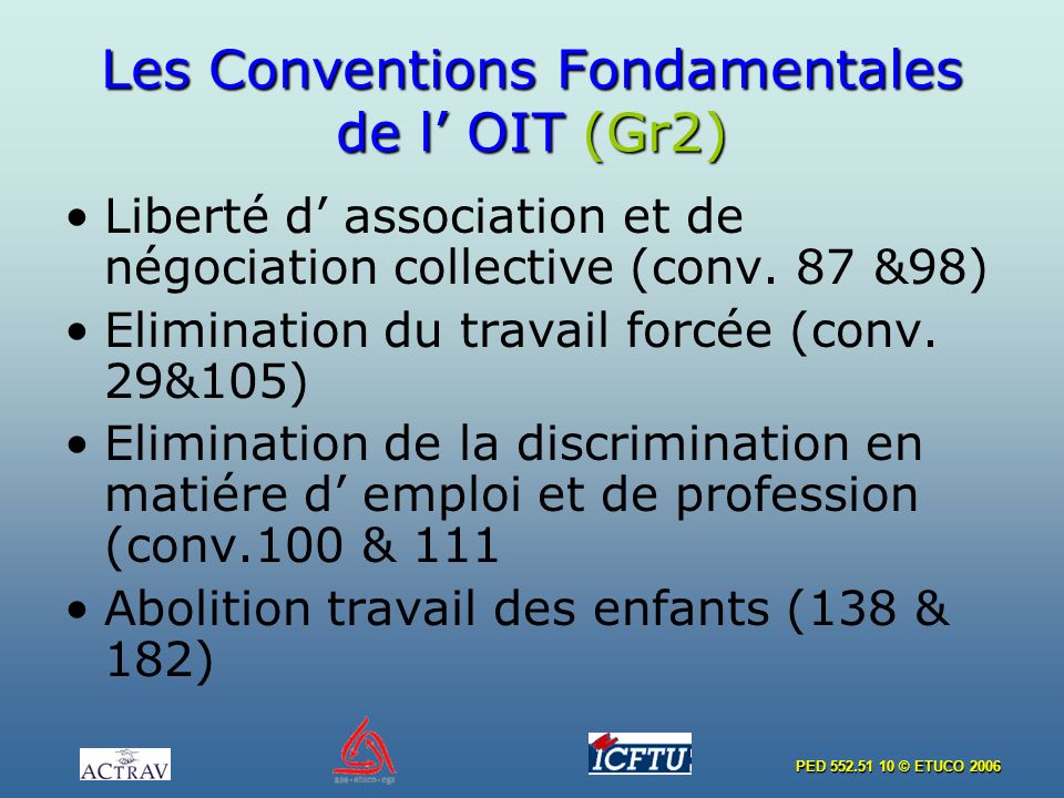 PED © ETUCO 2006 Les Conventions Fondamentales de l OIT (Gr2) Liberté d association et de négociation collective (conv.