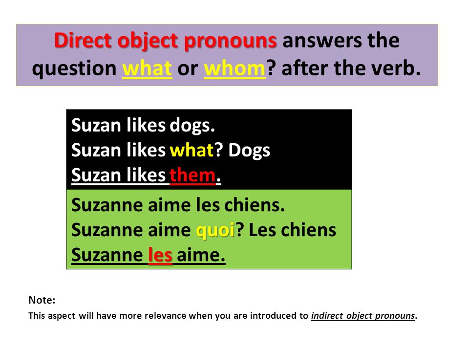 Direct object pronouns Direct object pronouns answers the question what or whom.