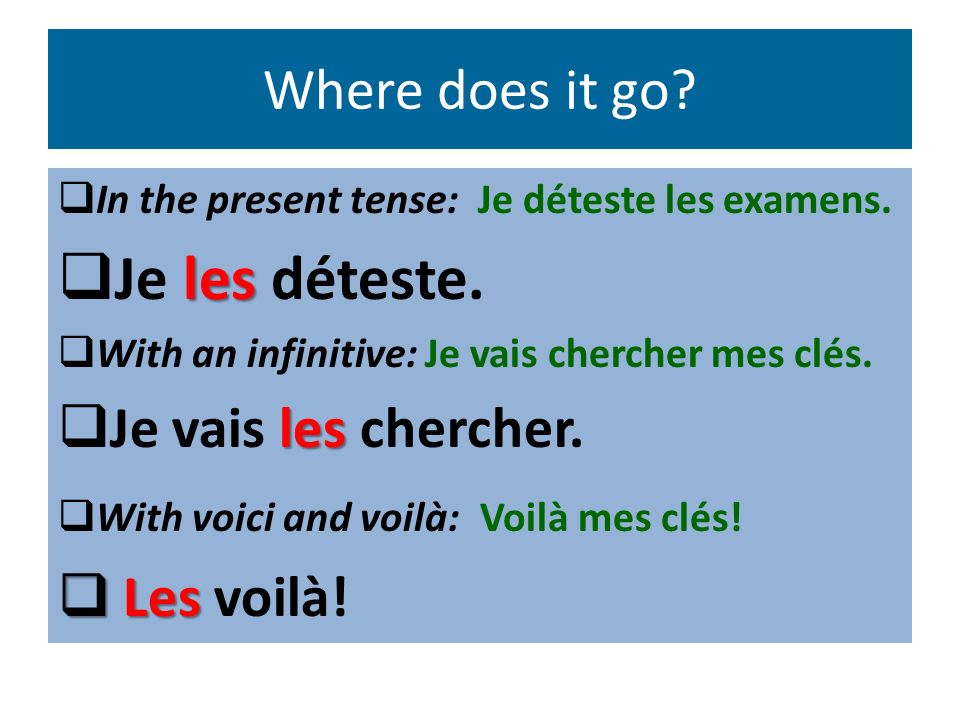 Where does it go. In the present tense: Je déteste les examens.