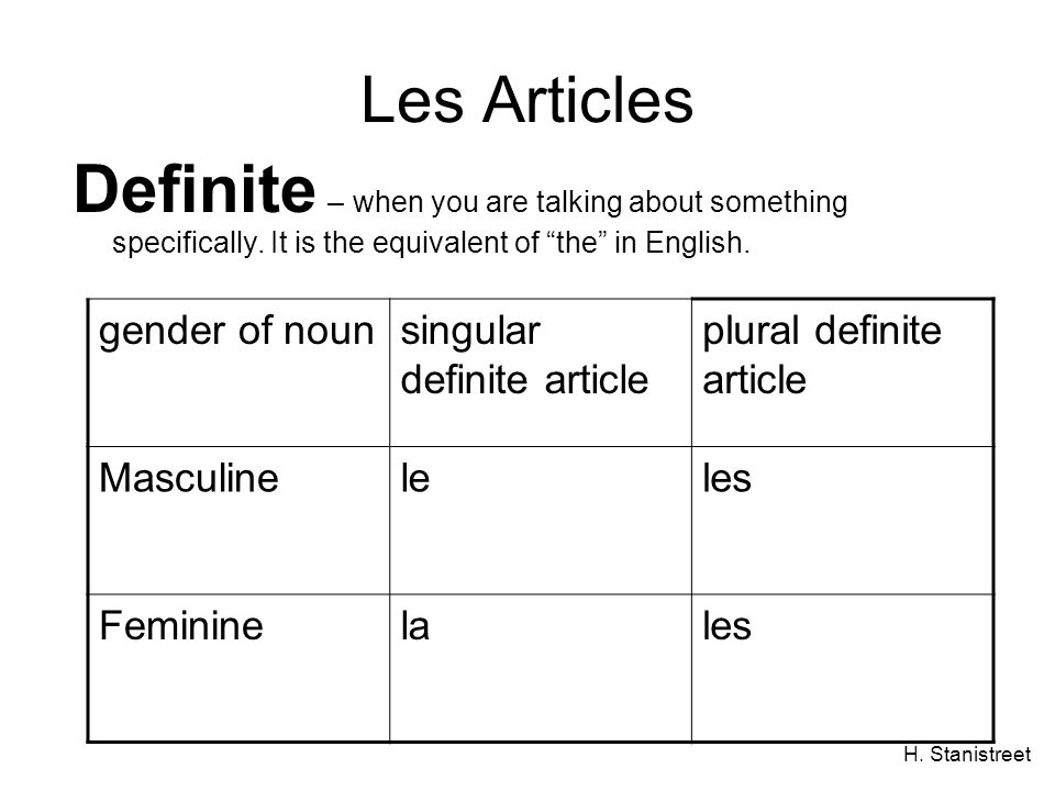 H. Stanistreet Les Articles Definite – when you are talking about something specifically.
