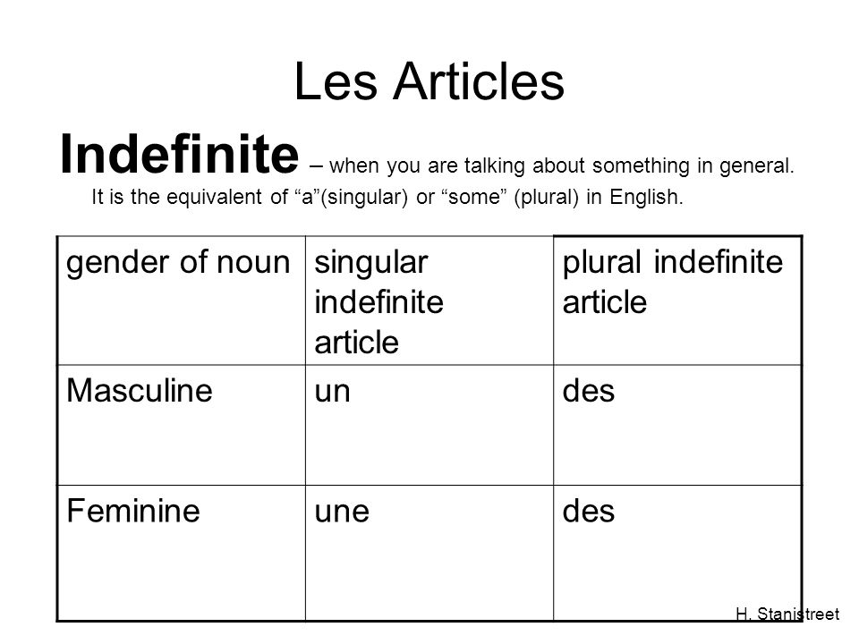 H. Stanistreet Les Articles Indefinite – when you are talking about something in general.