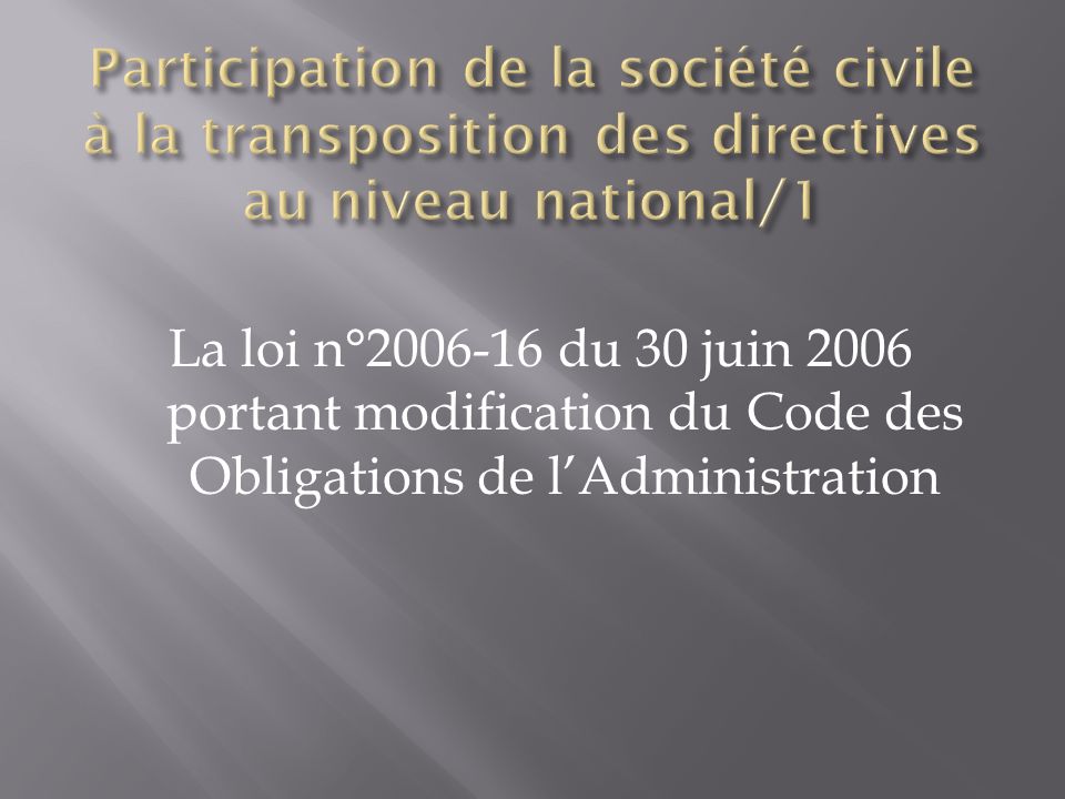La loi n° du 30 juin 2006 portant modification du Code des Obligations de lAdministration