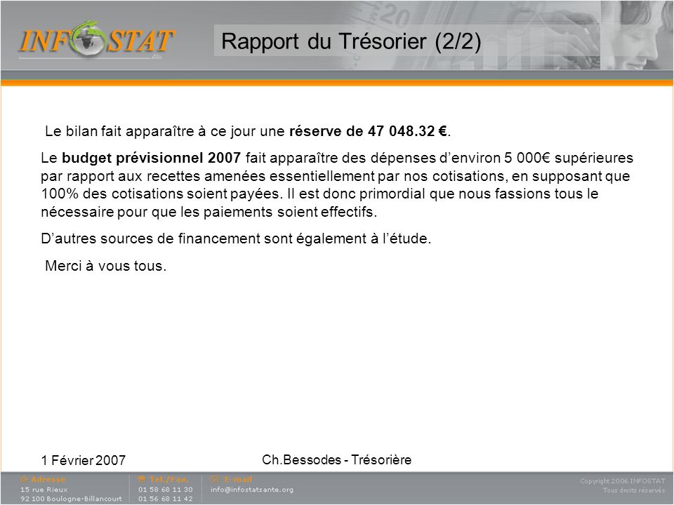 1 Février 2007 Ch.Bessodes - Trésorière Rapport du Trésorier (2/2) Le bilan fait apparaître à ce jour une réserve de