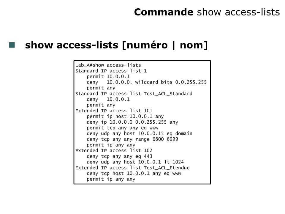 Commande show access-lists show access-lists [numéro | nom]