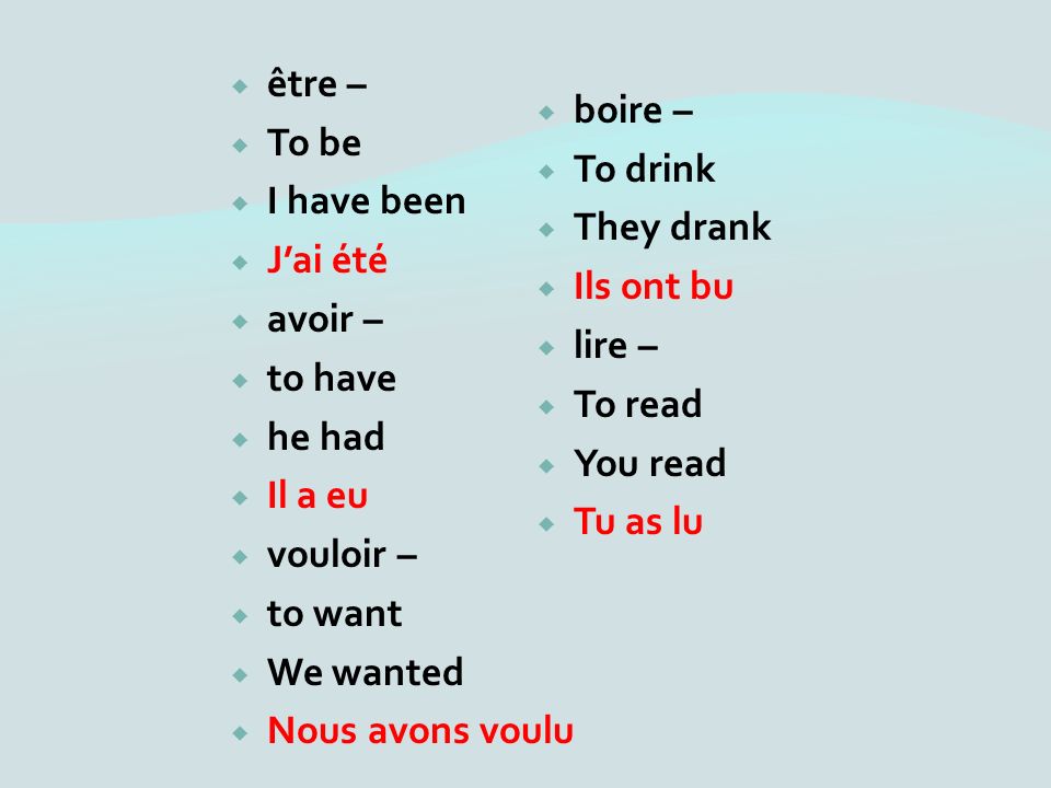 être – To be I have been Jai été avoir – to have he had Il a eu vouloir – to want We wanted Nous avons voulu boire – To drink They drank Ils ont bu lire – To read You read Tu as lu