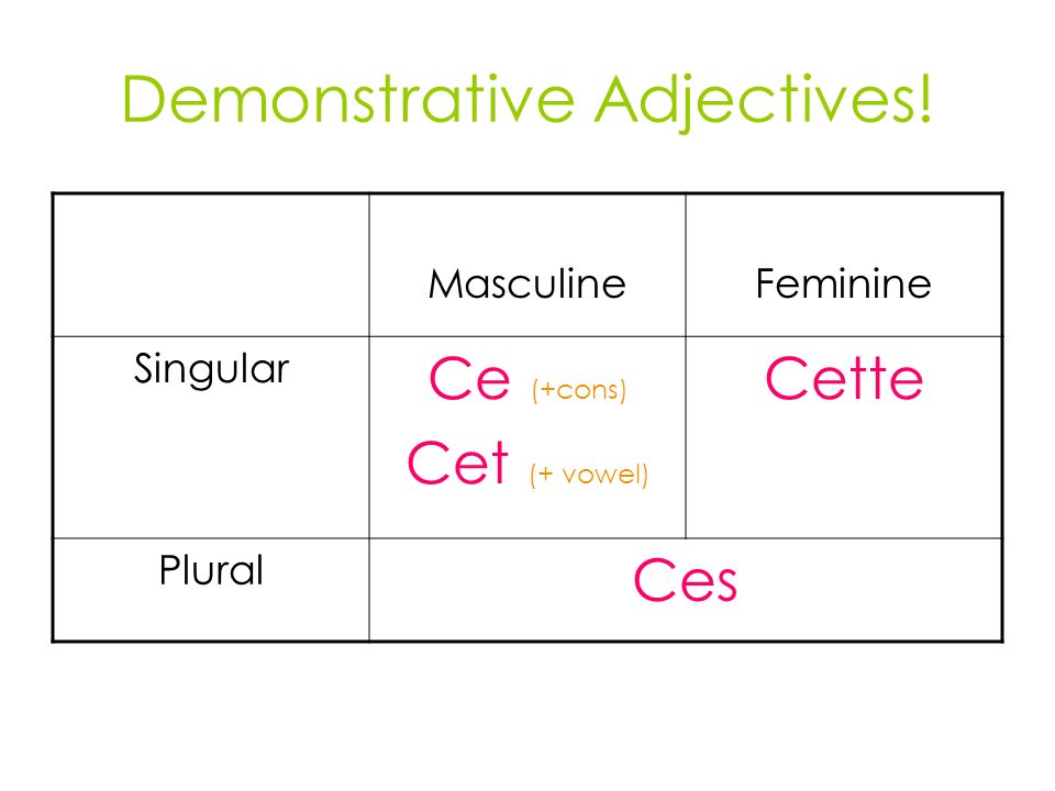 Demonstrative Adjectives! MasculineFeminine Singular Ce (+cons) Cet (+ vowel) Cette Plural Ces