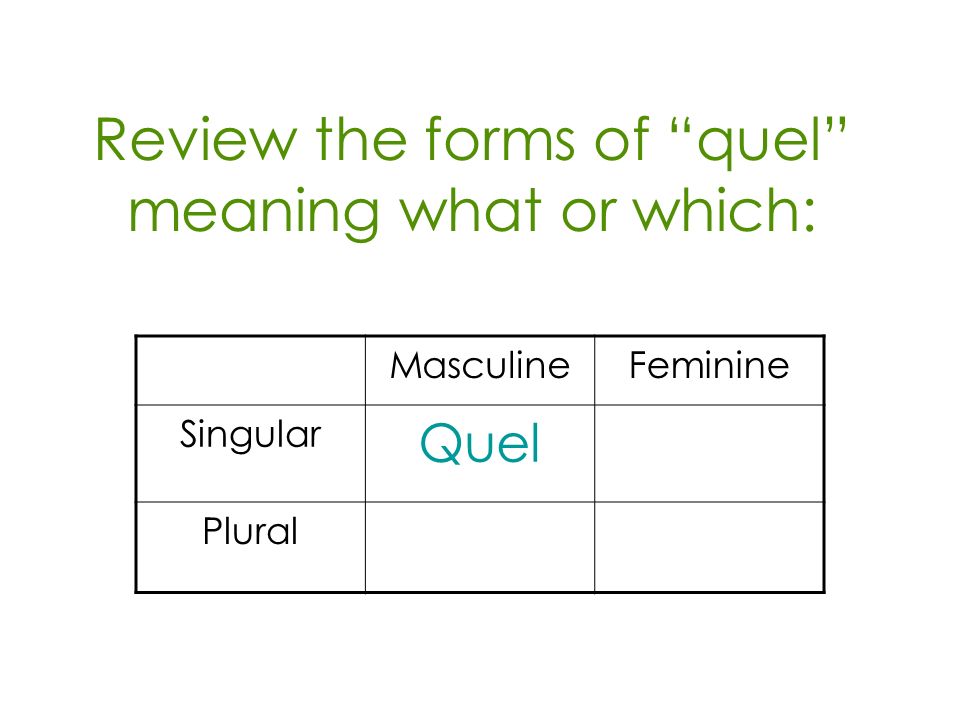 Review the forms of quel meaning what or which: MasculineFeminine Singular Quel Plural
