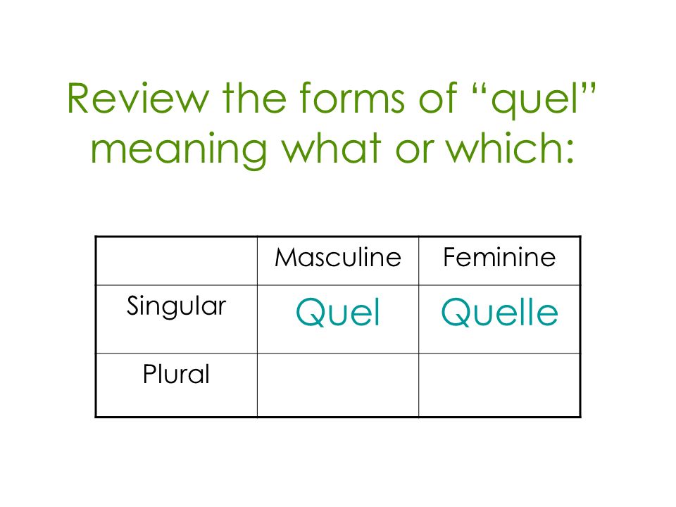 Review the forms of quel meaning what or which: MasculineFeminine Singular QuelQuelle Plural