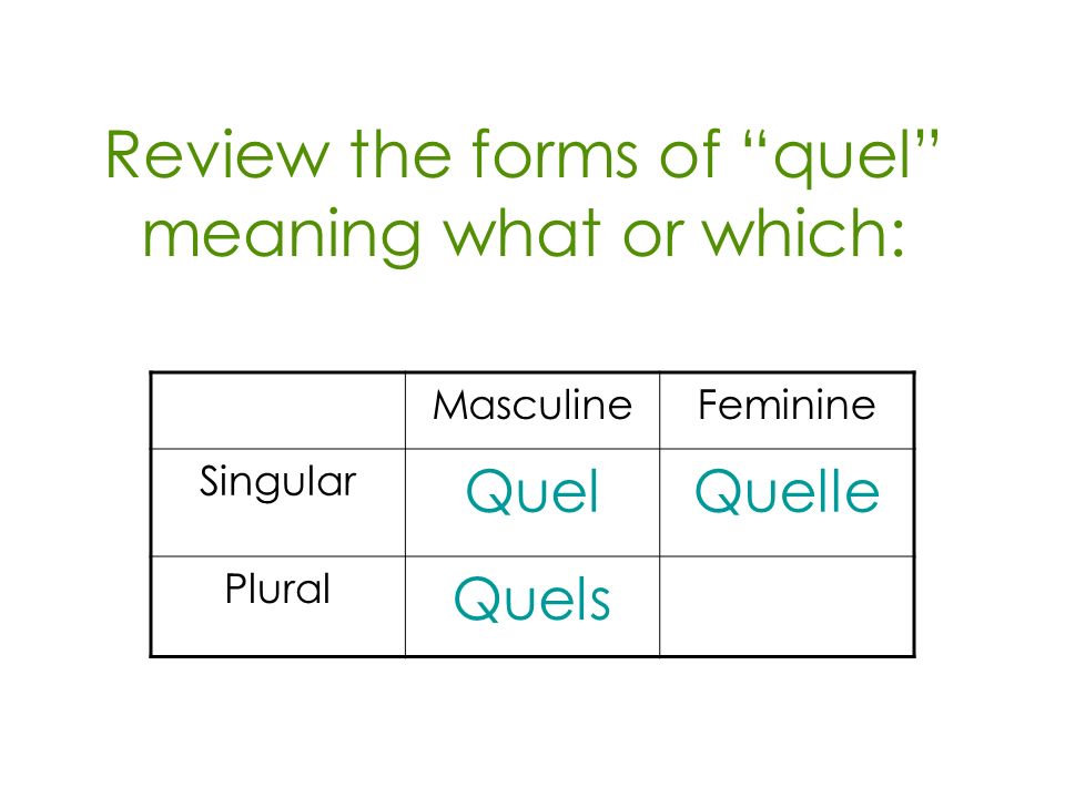 Review the forms of quel meaning what or which: MasculineFeminine Singular QuelQuelle Plural Quels