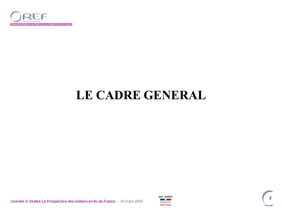 Journée d études La Prospective des métiers en Ile-de-France - 20 mars LE CADRE GENERAL