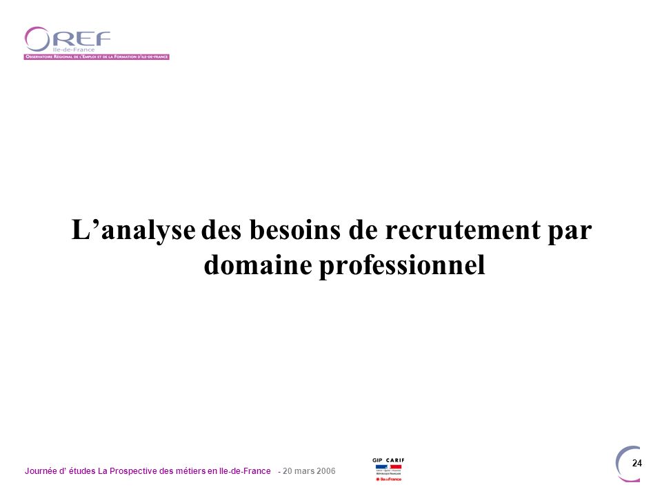 Journée d études La Prospective des métiers en Ile-de-France - 20 mars Lanalyse des besoins de recrutement par domaine professionnel
