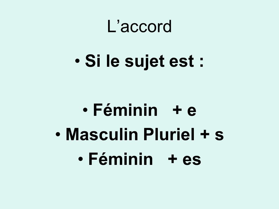 Laccord Si le sujet est : Féminin + e Masculin Pluriel + s Féminin + es