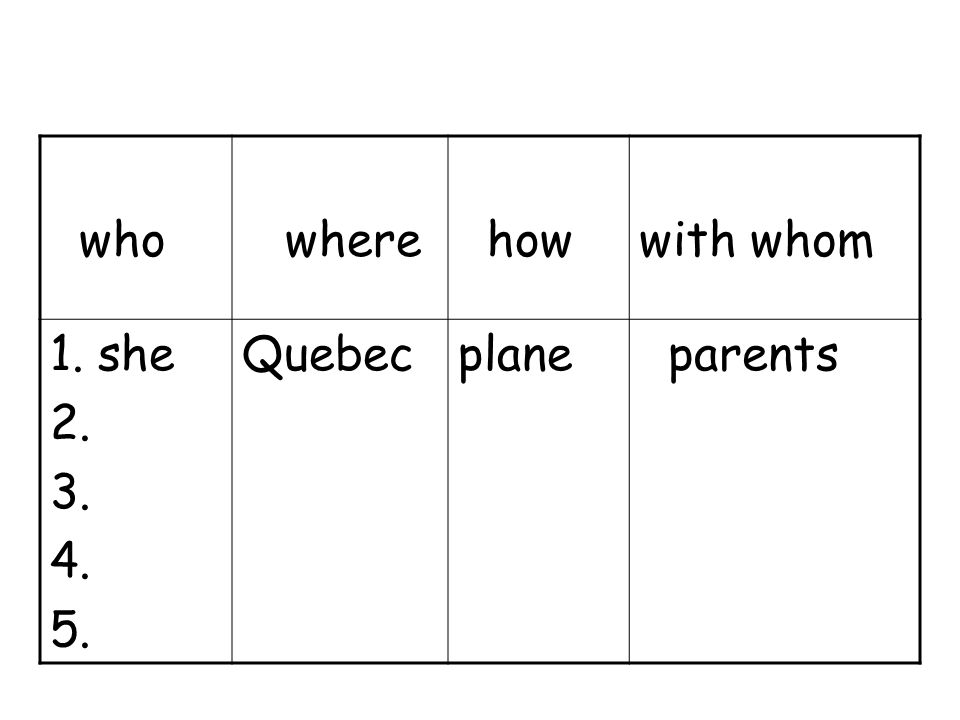 who where how with whom 1. she Quebecplane parents