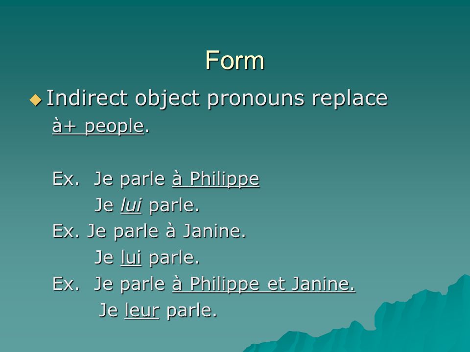 Form Indirect object pronouns replace Indirect object pronouns replace à+ people.
