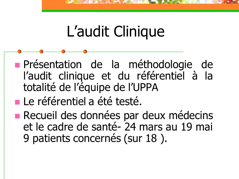 Laudit Clinique Présentation de la méthodologie de laudit clinique et du référentiel à la totalité de léquipe de lUPPA Le référentiel a été testé.