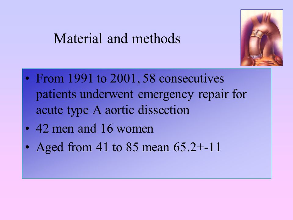Material and methods From 1991 to 2001, 58 consecutives patients underwent emergency repair for acute type A aortic dissection 42 men and 16 women Aged from 41 to 85 mean