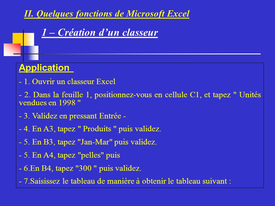 II. Quelques fonctions de Microsoft Excel Application - 1.