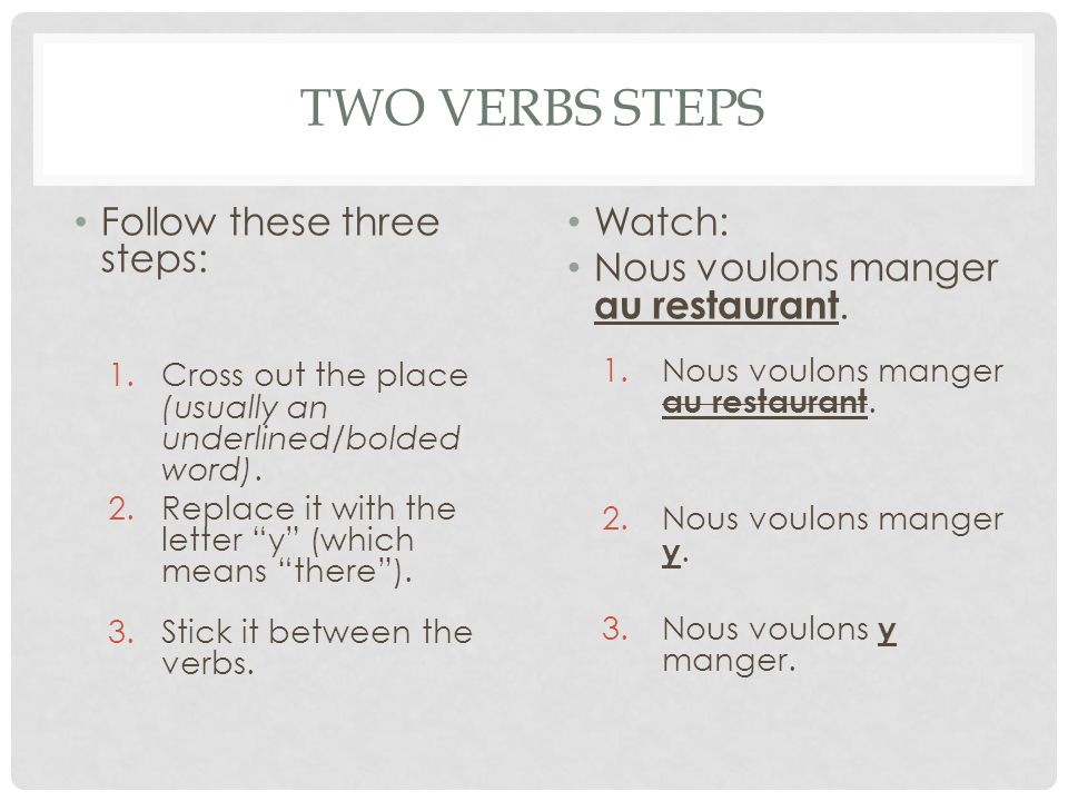 TWO VERBS STEPS Follow these three steps: 1.Cross out the place (usually an underlined/bolded word).