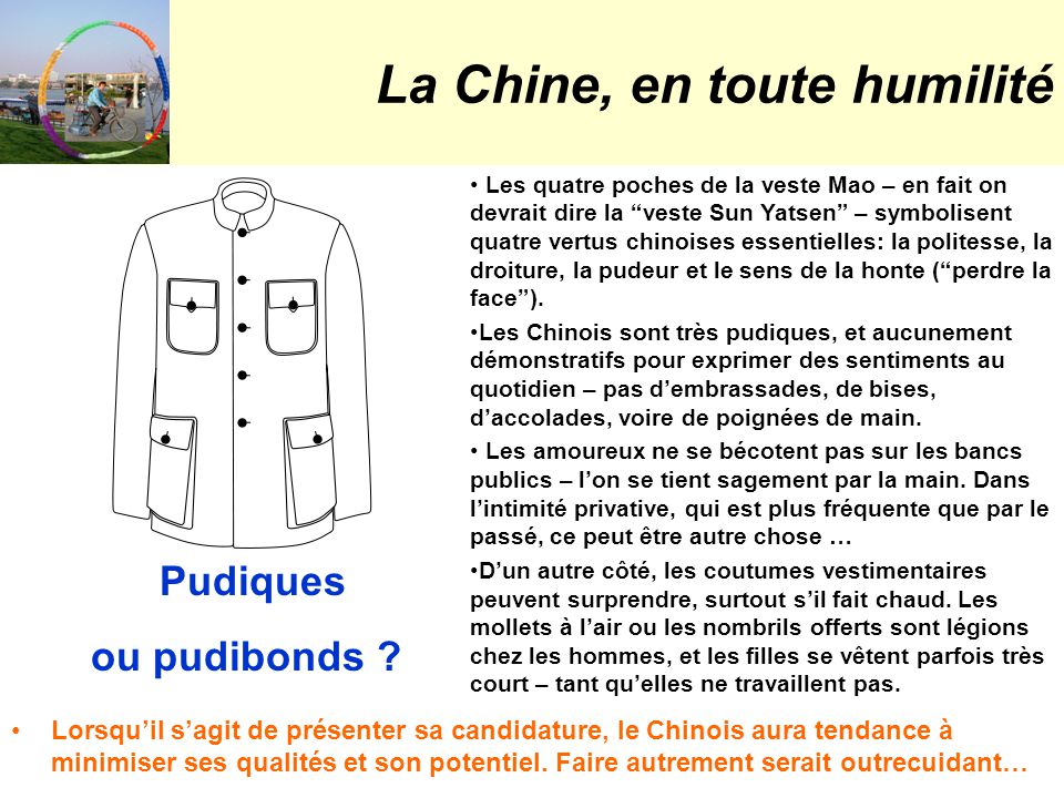 La Chine, en toute humilité Les quatre poches de la veste Mao – en fait on devrait dire la veste Sun Yatsen – symbolisent quatre vertus chinoises essentielles: la politesse, la droiture, la pudeur et le sens de la honte ( perdre la face ).