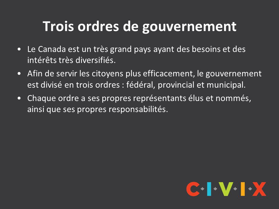 Trois ordres de gouvernement Le Canada est un très grand pays ayant des besoins et des intérêts très diversifiés.