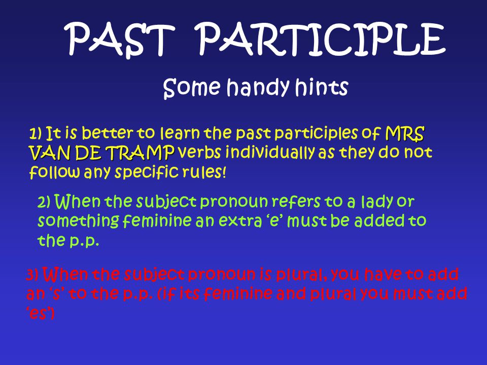 Put in the correct part of être and the correct past participle with its agreement: 1.