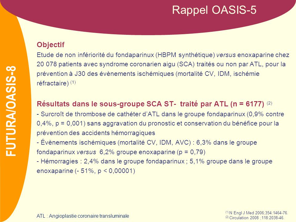 NOM Rappel OASIS-5 Objectif Etude de non infériorité du fondaparinux (HBPM synthétique) versus enoxaparine chez patients avec syndrome coronarien aigu (SCA) traités ou non par ATL, pour la prévention à J30 des évènements ischémiques (mortalité CV, IDM, ischémie réfractaire) (1) Résultats dans le sous-groupe SCA ST- traité par ATL (n = 6177) (2) - Surcroît de thrombose de cathéter d’ATL dans le groupe fondaparinux (0,9% contre 0,4%, p = 0,001) sans aggravation du pronostic et conservation du bénéfice pour la prévention des accidents hémorragiques - Évènements ischémiques (mortalité CV, IDM, AVC) : 6,3% dans le groupe fondaparinux versus 6,2% groupe enoxaparine (p = 0,79) - Hémorragies : 2,4% dans le groupe fondaparinux ; 5,1% groupe dans le groupe enoxaparine (- 51%, p < 0,00001) FUTURA/OASIS-8 (1) N Engl J Med 2006;354: