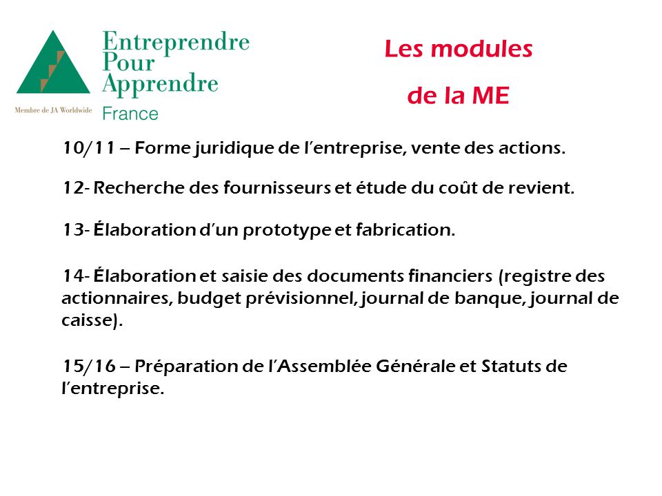 Les modules de la ME 10/11 – Forme juridique de l’entreprise, vente des actions.