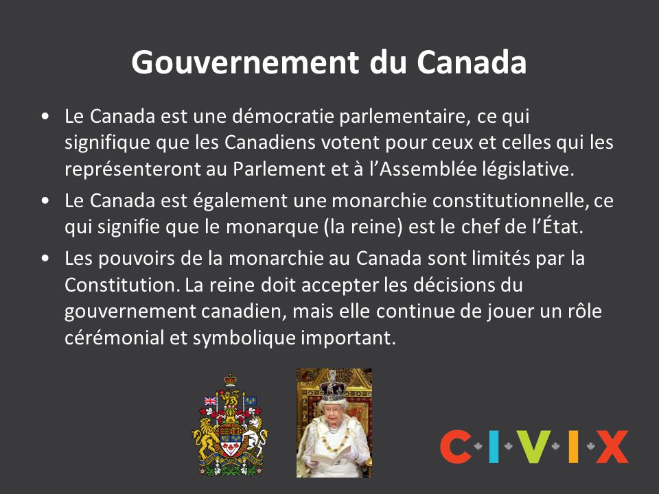 Gouvernement du Canada Le Canada est une démocratie parlementaire, ce qui signifique que les Canadiens votent pour ceux et celles qui les représenteront au Parlement et à l’Assemblée législative.