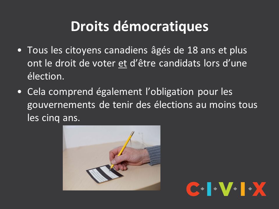 Droits démocratiques Tous les citoyens canadiens âgés de 18 ans et plus ont le droit de voter et d’être candidats lors d’une élection.