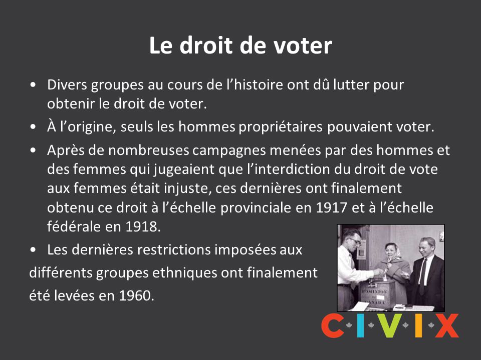 Le droit de voter Divers groupes au cours de l’histoire ont dû lutter pour obtenir le droit de voter.