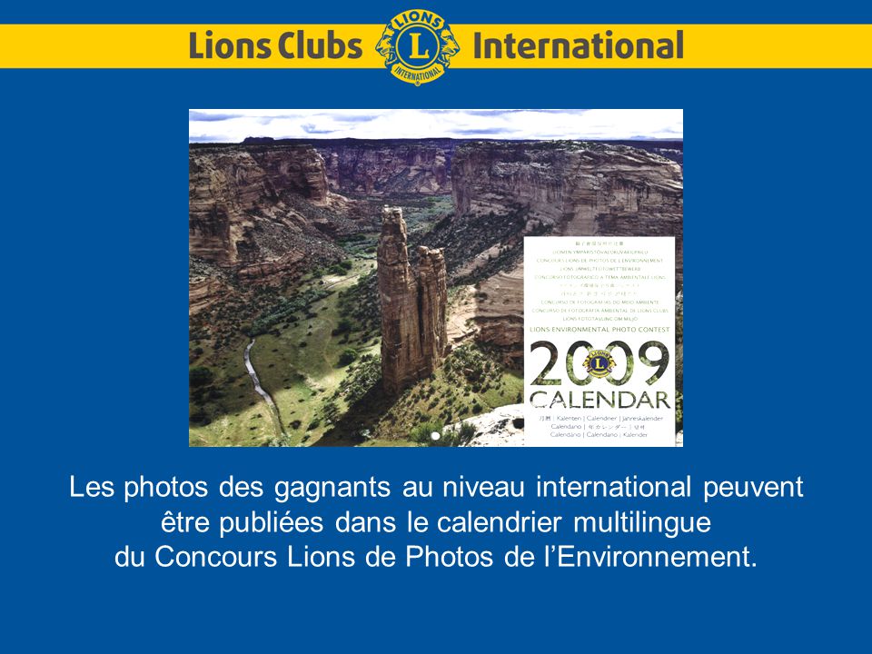 Les photos des gagnants au niveau international peuvent être publiées dans le calendrier multilingue du Concours Lions de Photos de l’Environnement.