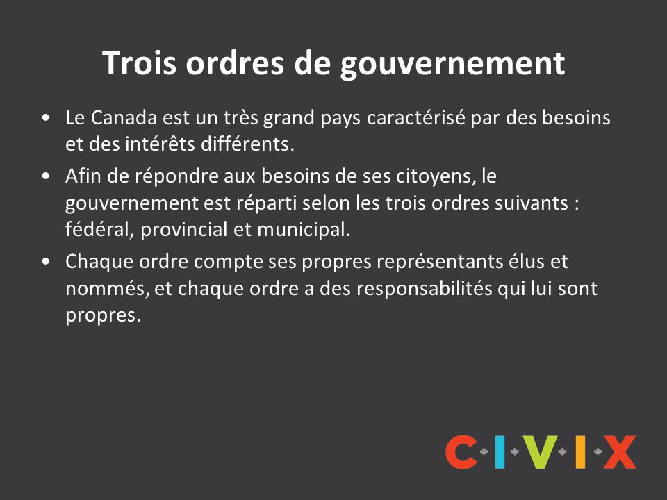 Trois ordres de gouvernement Le Canada est un très grand pays caractérisé par des besoins et des intérêts différents.