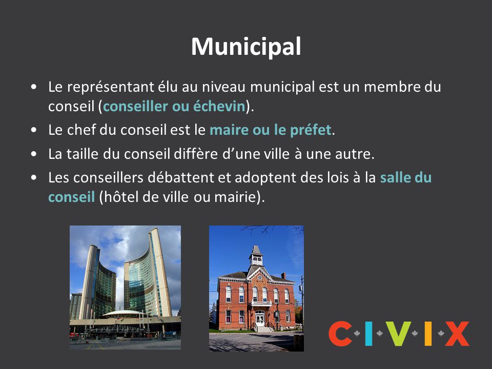 Municipal Le représentant élu au niveau municipal est un membre du conseil (conseiller ou échevin).