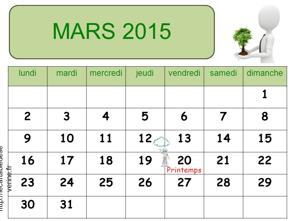 MARS 2015 lundimardimercredijeudivendredisamedidimanche Printemps   verine.fr