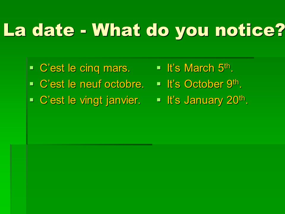 La date - What do you notice.  C’est le cinq mars.