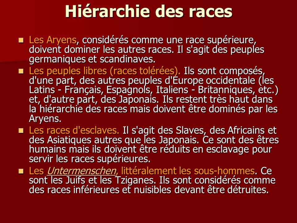 Hiérarchie des races Les Aryens, considérés comme une race supérieure, doivent dominer les autres races.