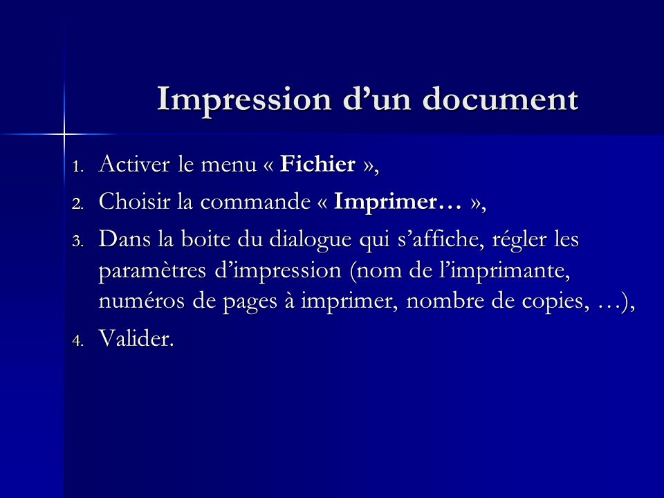 Impression d’un document 1. Activer le menu « Fichier », 2.