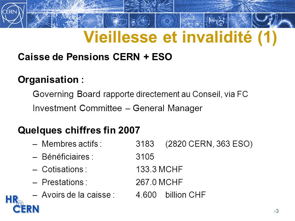 n3n3 Vieillesse et invalidité (1) Caisse de Pensions CERN + ESO Organisation : Governing Board rapporte directement au Conseil, via FC Investment Committee – General Manager Quelques chiffres fin 2007 –Membres actifs : 3183 (2820 CERN, 363 ESO) –Bénéficiaires : 3105 –Cotisations :133.3 MCHF –Prestations :267.0 MCHF –Avoirs de la caisse :4.600billion CHF