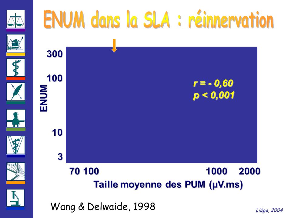 r = P < Taille moyenne des PUM (µV.ms) ENUM r = - 0,60 p < 0,001 Liège, 2004 Wang & Delwaide, 1998