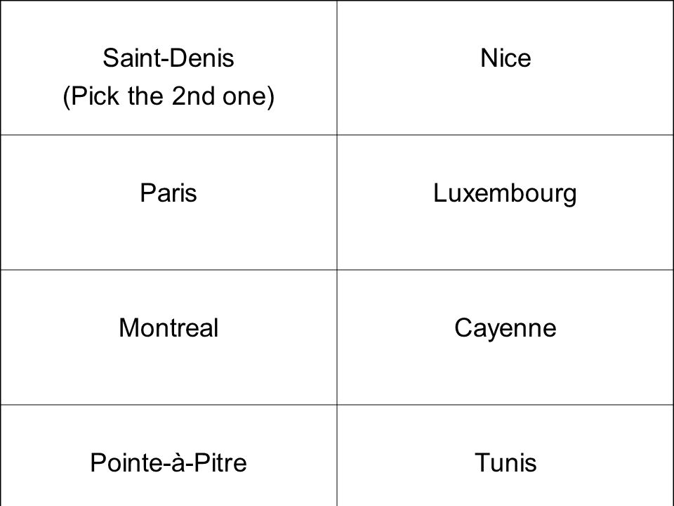 Saint-Denis (Pick the 2nd one) Nice ParisLuxembourg MontrealCayenne Pointe-à-PitreTunis ChamonixPhnom Penh