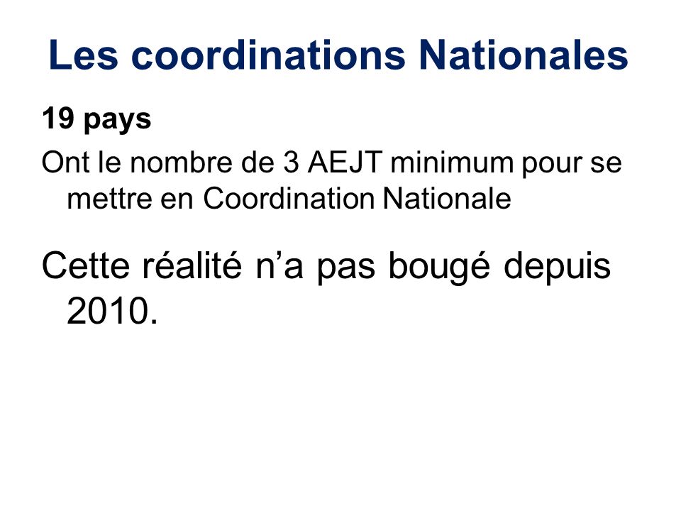 Les coordinations Nationales 19 pays Ont le nombre de 3 AEJT minimum pour se mettre en Coordination Nationale Cette réalité na pas bougé depuis 2010.